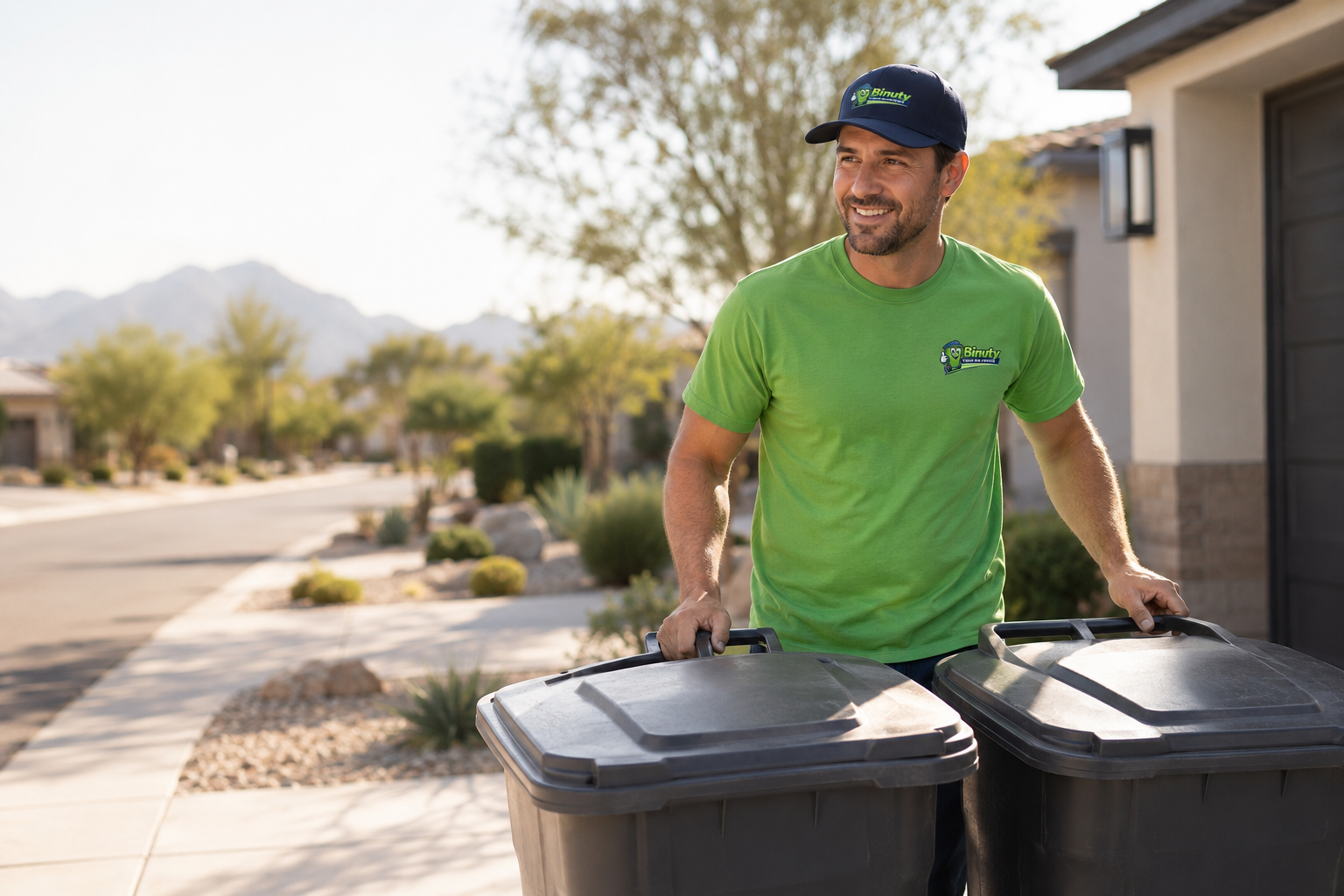 Binuty team member in official uniform moving two plain trash bins